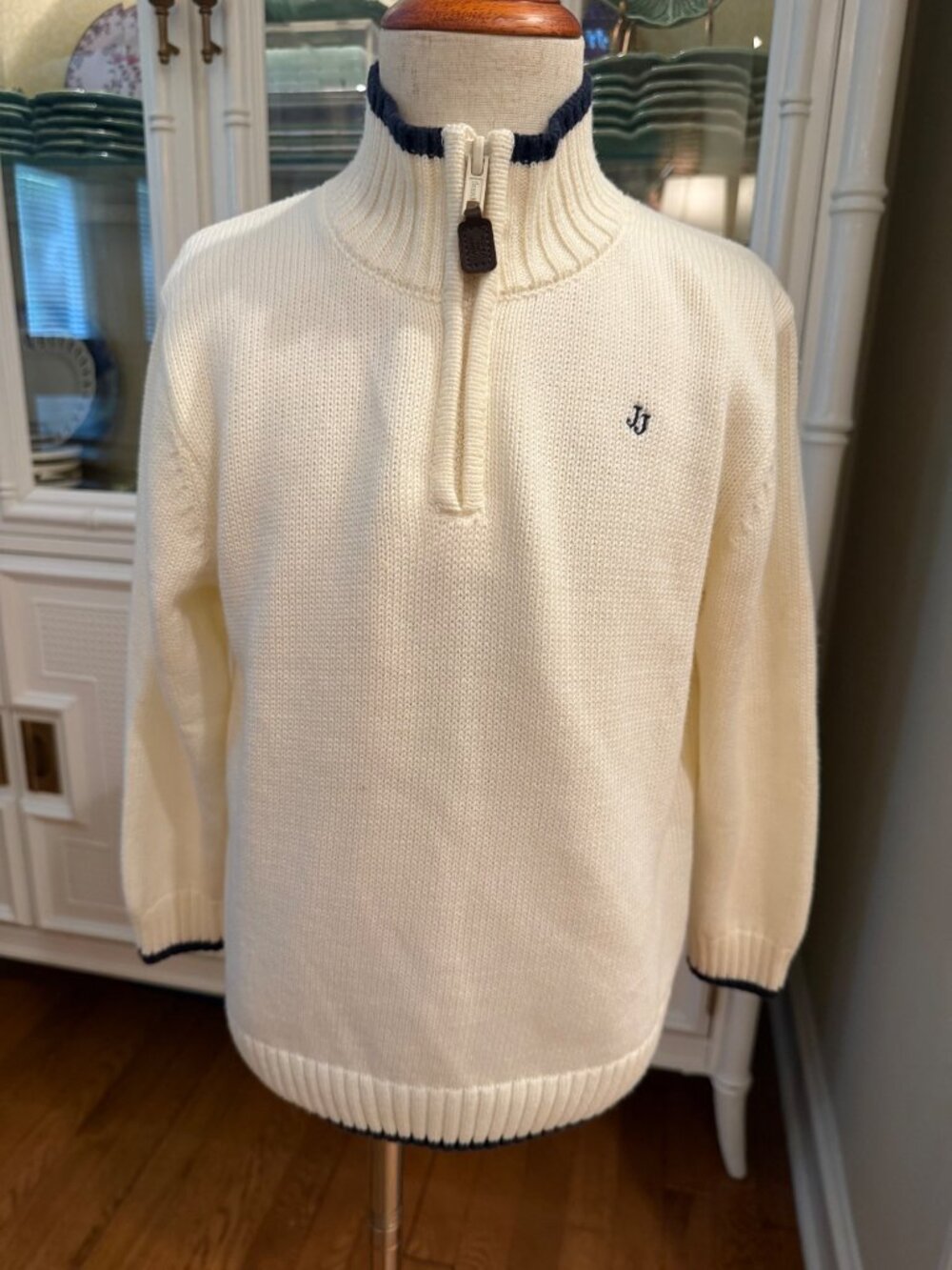 Janie and Jack Boys Sweater Size 4 Ivory Quarter Zip Pullover Cotton Classic